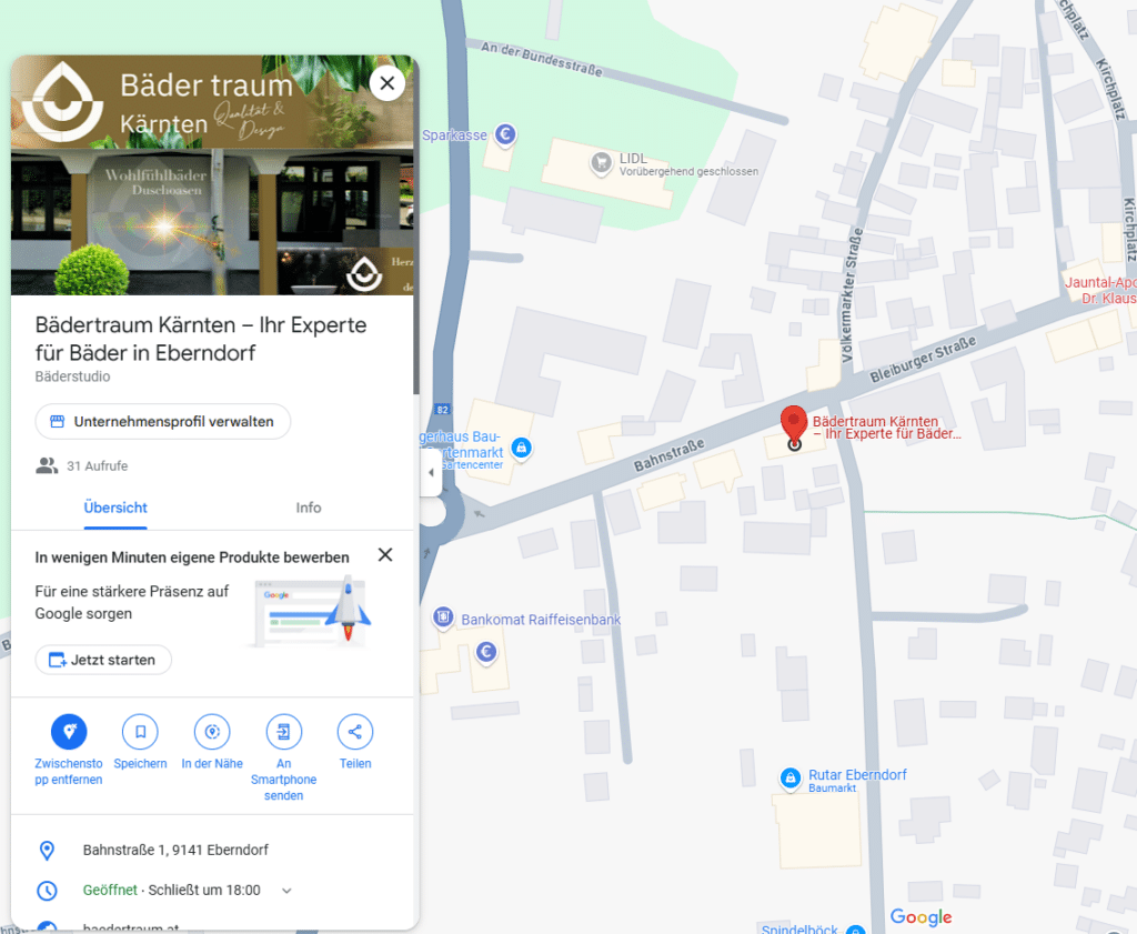 Standort des Bädertraum Kärnten Studios in Eberndorf auf Google Maps – leicht erreichbar und zentral gelegen.